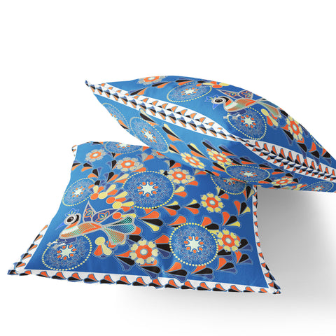 Set of Two 16" X 16" Blue and Orange Peacock Blown Seam Floral Indoor Outdoor Throw Pillow