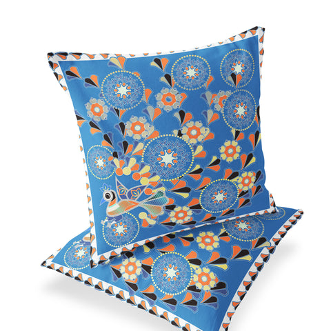 Set of Two 16" X 16" Blue and Orange Peacock Blown Seam Floral Indoor Outdoor Throw Pillow