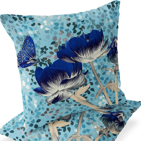 Set of Two 16" X 16" Blue and Gray Butterfly Blown Seam Floral Indoor Outdoor Throw Pillow