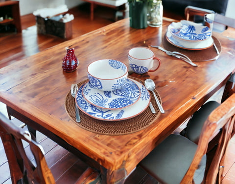 Blue and White Sixteen Piece Round Floral Ceramic Service For Four Dinnerware Set