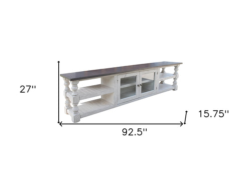 93" Gray and Ivory Solid Wood Cabinet Enclosed Storage Distressed TV Stand