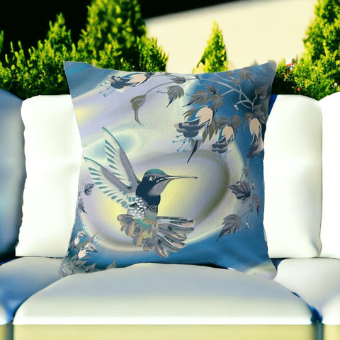 16" X 16" Blue and Yellow Humming Bird Indoor Outdoor Throw Pillow