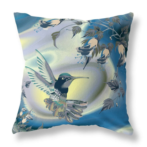 16" X 16" Blue and Yellow Humming Bird Indoor Outdoor Throw Pillow