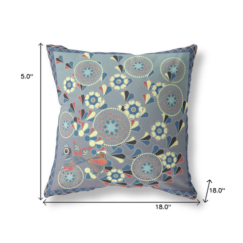 18" x 18" Blue and Gray Peacock Blown Seam Floral Indoor Outdoor Throw Pillow