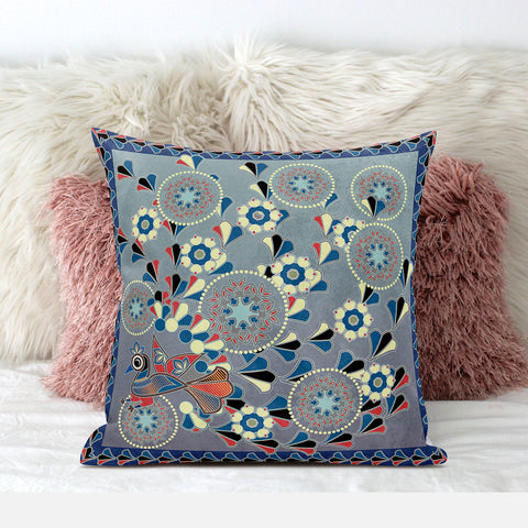 18" x 18" Blue and Gray Peacock Blown Seam Floral Indoor Outdoor Throw Pillow