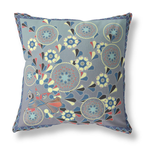 16" x 16" Blue and Gray Peacock Blown Seam Floral Indoor Outdoor Throw Pillow