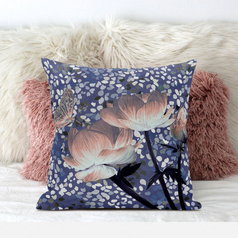 26" X 26" Blue and Gray Butterfly Blown Seam Floral Indoor Outdoor Throw Pillow