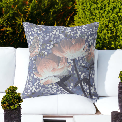 26" X 26" Blue and Gray Butterfly Blown Seam Floral Indoor Outdoor Throw Pillow