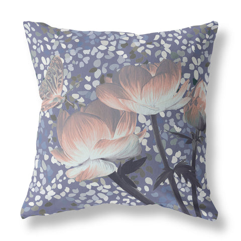 26" X 26" Blue and Gray Butterfly Blown Seam Floral Indoor Outdoor Throw Pillow