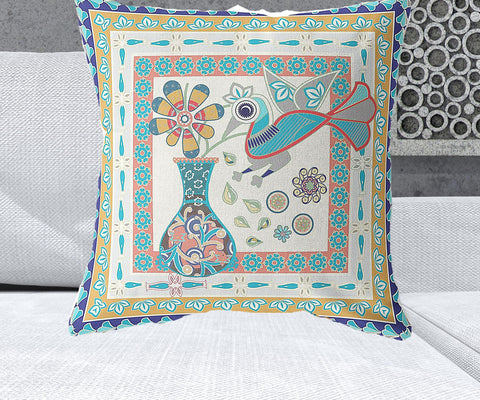 26" x 26" Blue and Beige Peacock Blown Seam Floral Indoor Outdoor Throw Pillow