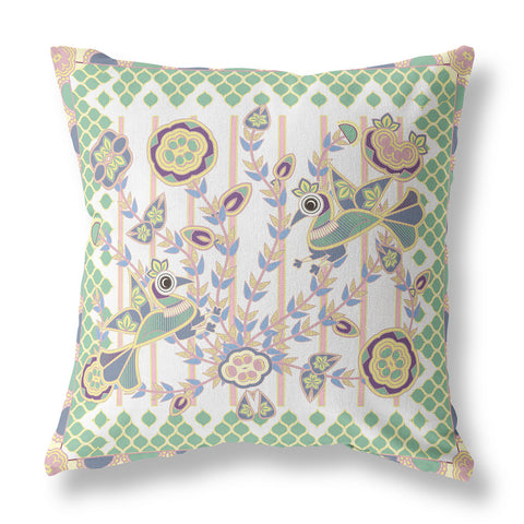 18" x 18" Yellow and White Peacock Blown Seam Floral Indoor Outdoor Throw Pillow