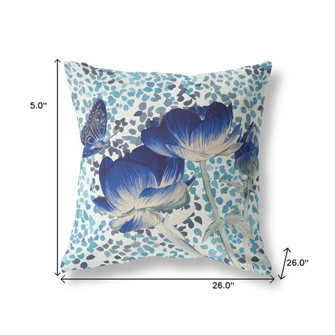 26" x 26" Blue and White Butterfly Blown Seam Floral Indoor Outdoor Throw Pillow