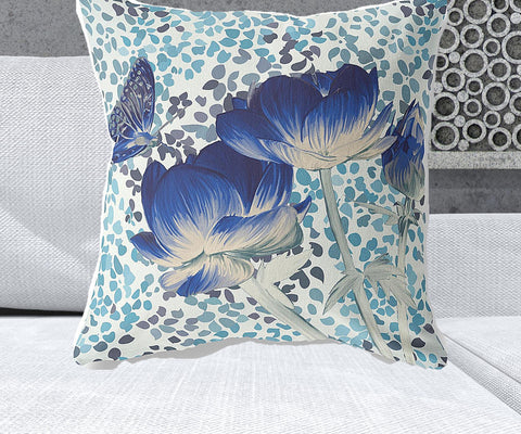 26" x 26" Blue and White Butterfly Blown Seam Floral Indoor Outdoor Throw Pillow