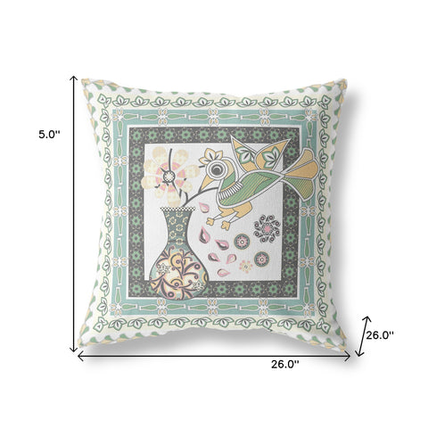 26" x 26" Green and White Bird Blown Seam Floral Indoor Outdoor Throw Pillow