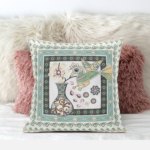 26" x 26" Green and White Bird Blown Seam Floral Indoor Outdoor Throw Pillow