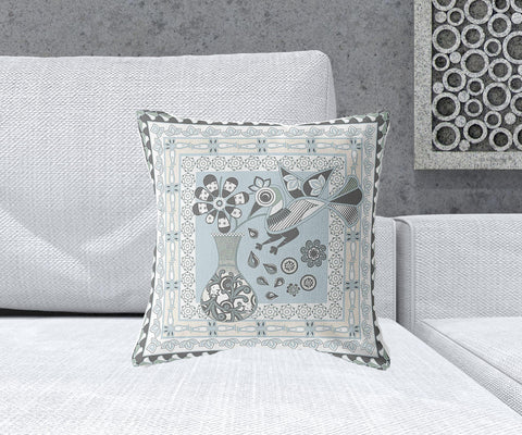 18" x 18" Cream Peacock Blown Seam Floral Indoor Outdoor Throw Pillow