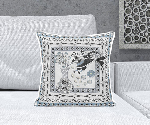 18" x 18" Blue and White Bird Blown Seam Floral Indoor Outdoor Throw Pillow