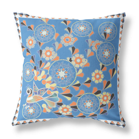 20" x 20" Blue and Orange Peacock Blown Seam Floral Indoor Outdoor Throw Pillow