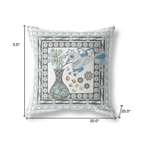 20" x 20" Blue and White Bird Blown Seam Floral Indoor Outdoor Throw Pillow