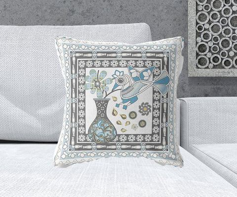 20" x 20" Blue and White Bird Blown Seam Floral Indoor Outdoor Throw Pillow