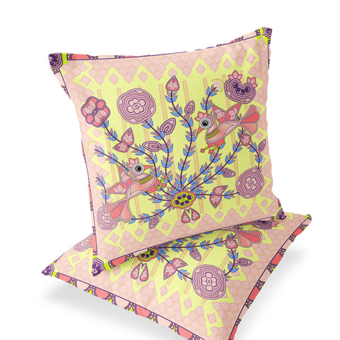 Set of Two 16" X 16" Yellow and Peach Peacock Blown Seam Floral Indoor Outdoor Throw Pillow