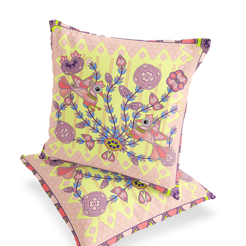 Set of Two 16" X 16" Yellow and Peach Peacock Blown Seam Floral Indoor Outdoor Throw Pillow