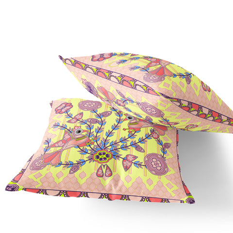 Set of Two 16" X 16" Yellow and Peach Peacock Blown Seam Floral Indoor Outdoor Throw Pillow