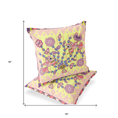 Set of Two 16" X 16" Yellow and Peach Peacock Blown Seam Floral Indoor Outdoor Throw Pillow