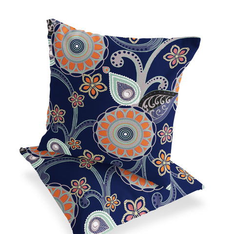 Set of Two 16" X 16" Blue and Orange Blown Seam Floral Indoor Outdoor Throw Pillow