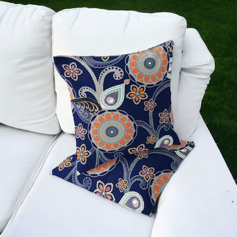 Set of Two 16" X 16" Blue and Orange Blown Seam Floral Indoor Outdoor Throw Pillow