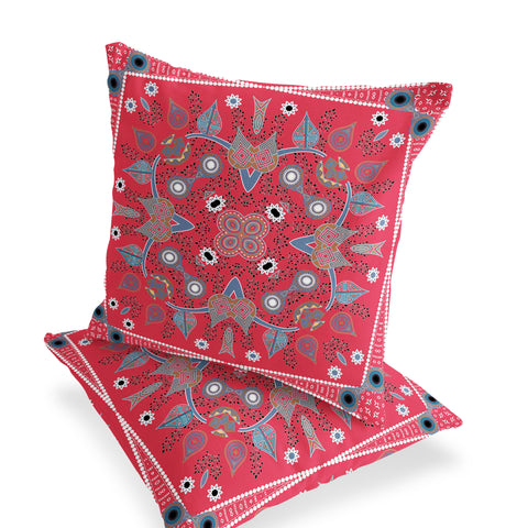 Set of Two 16" X 16" Gray and Red Blown Seam Paisley Indoor Outdoor Throw Pillow