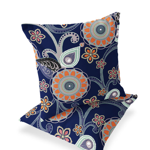 Set of Two 16" X 16" Blue and Orange Blown Seam Floral Indoor Outdoor Throw Pillow