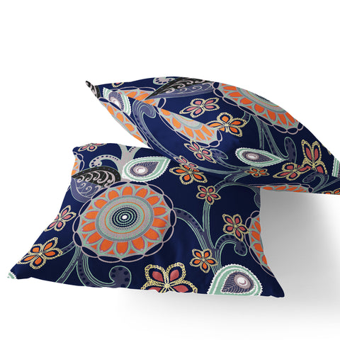 Set of Two 16" X 16" Blue and Orange Blown Seam Floral Indoor Outdoor Throw Pillow