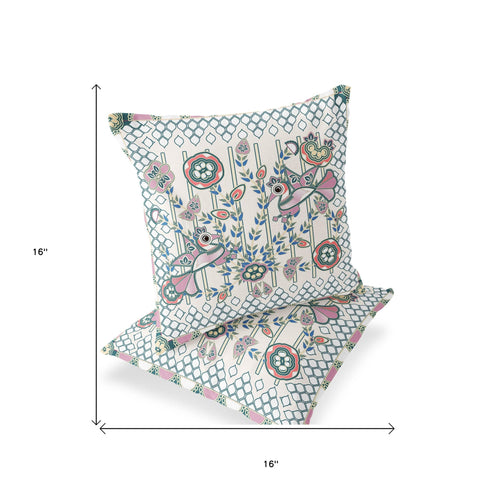 Set of Two 16" X 16" Blue and Off White Peacock Blown Seam Floral Indoor Outdoor Throw Pillow