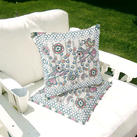 Set of Two 16" X 16" Blue and Off White Peacock Blown Seam Floral Indoor Outdoor Throw Pillow