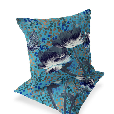 Set of Two 16" X 16" Blue and Green Butterfly Blown Seam Floral Indoor Outdoor Throw Pillow