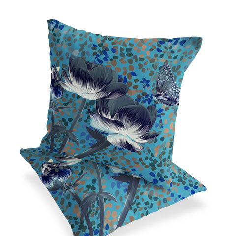 Set of Two 16" X 16" Blue and Green Butterfly Blown Seam Floral Indoor Outdoor Throw Pillow