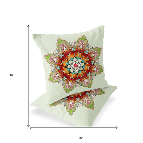 Set of Two 16" X 16" Green and Pink Blown Seam Floral Indoor Outdoor Throw Pillow