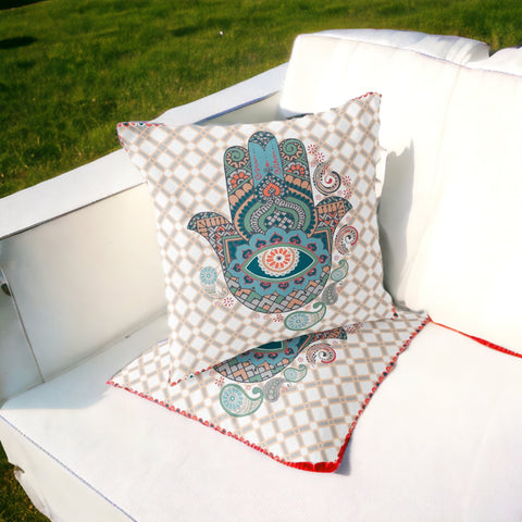 Set of Two 16" X 16" Blue and Orange Blown Seam Hamsa Indoor Outdoor Throw Pillow