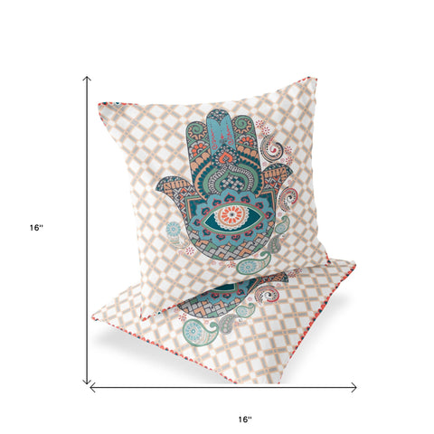 Set of Two 16" X 16" Blue and Orange Blown Seam Hamsa Indoor Outdoor Throw Pillow