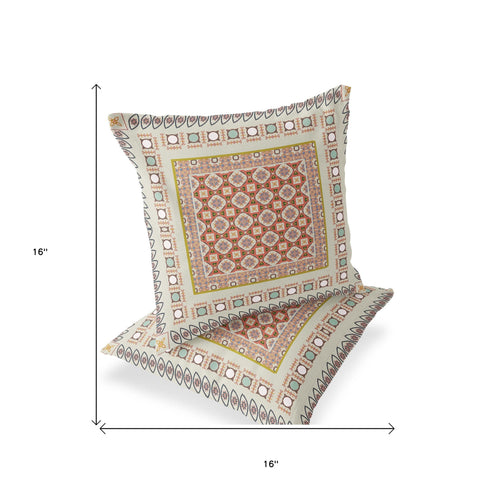 Set of Two 16" X 16" Orange and White Blown Seam Floral Indoor Outdoor Throw Pillow