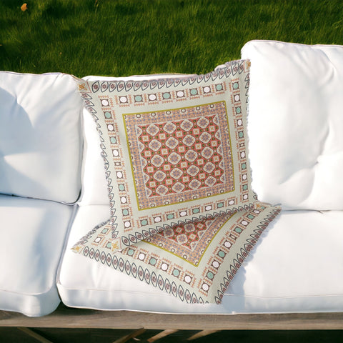 Set of Two 16" X 16" Orange and White Blown Seam Floral Indoor Outdoor Throw Pillow