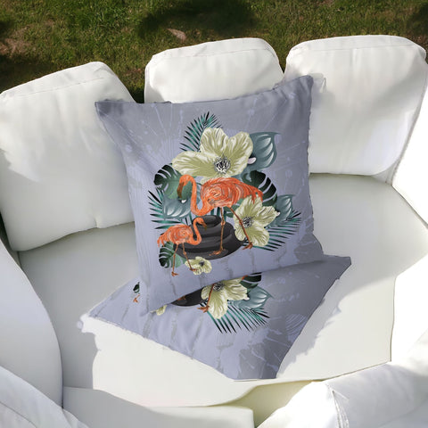 Set of Two 16" X 16" Gray and Orange Flamingo Blown Seam Floral Indoor Outdoor Throw Pillow