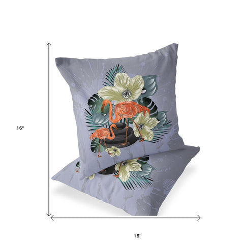 Set of Two 16" X 16" Gray and Orange Flamingo Blown Seam Floral Indoor Outdoor Throw Pillow