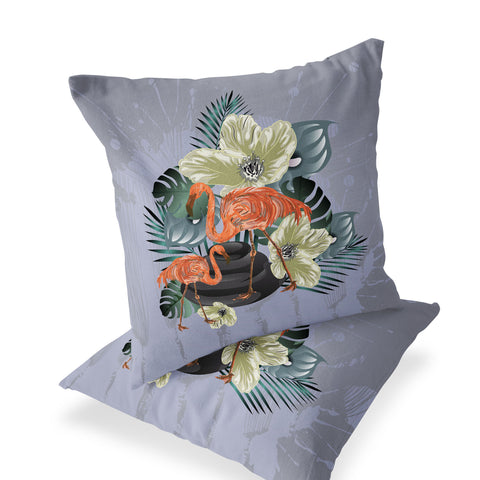 Set of Two 16" X 16" Gray and Orange Flamingo Blown Seam Floral Indoor Outdoor Throw Pillow