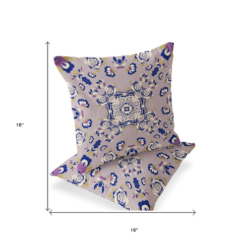 Set of Two 16" X 16" Blue and Purple Blown Seam Floral Indoor Outdoor Throw Pillow