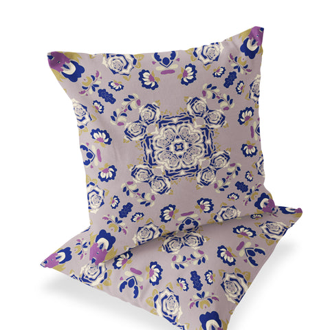 Set of Two 16" X 16" Blue and Purple Blown Seam Floral Indoor Outdoor Throw Pillow