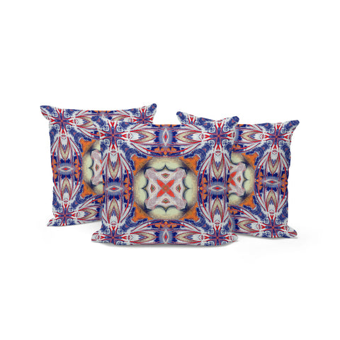 Set of Three 16" X 16" Blue and Orange Blown Seam Floral Indoor Outdoor Throw Pillow