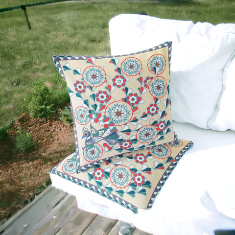 Set of Two 16" X 16" Green and Red Peacock Blown Seam Floral Indoor Outdoor Throw Pillow