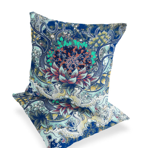 Set of Two 16" X 16" Blue and Yellow Blown Seam Floral Indoor Outdoor Throw Pillow